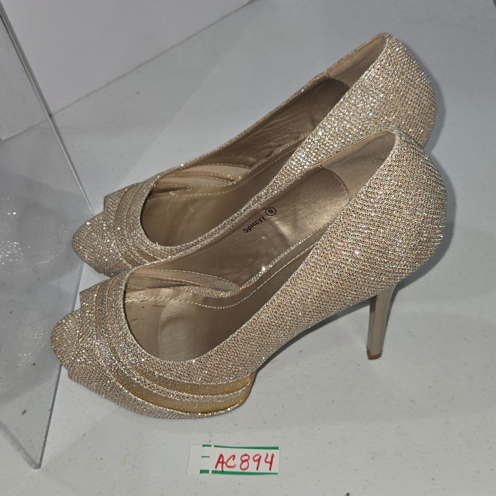 Herstyle Spiccyy Gold Glitter Peep Toe Platform Stiletto Heels Womens Size 9 - Picture 8 of 10